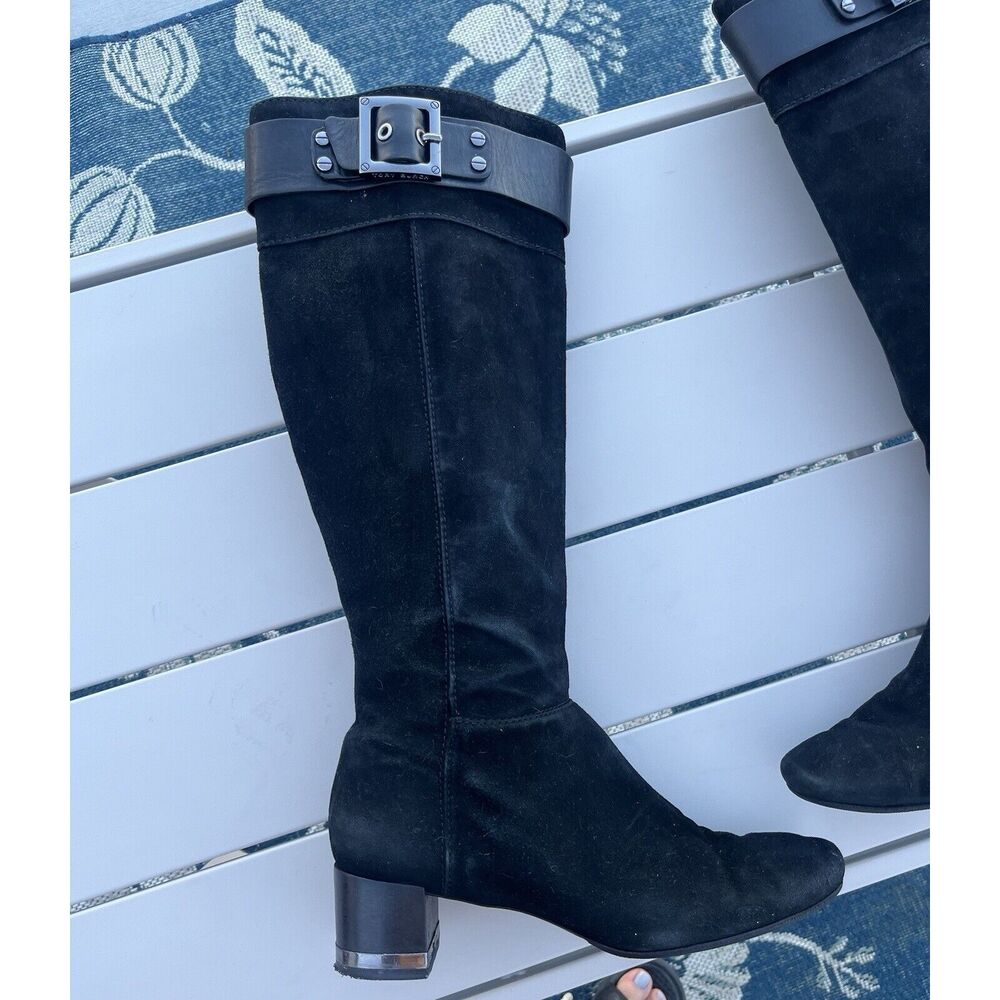 Tory Burch Black Suede Knee Boots with Buckle Detail